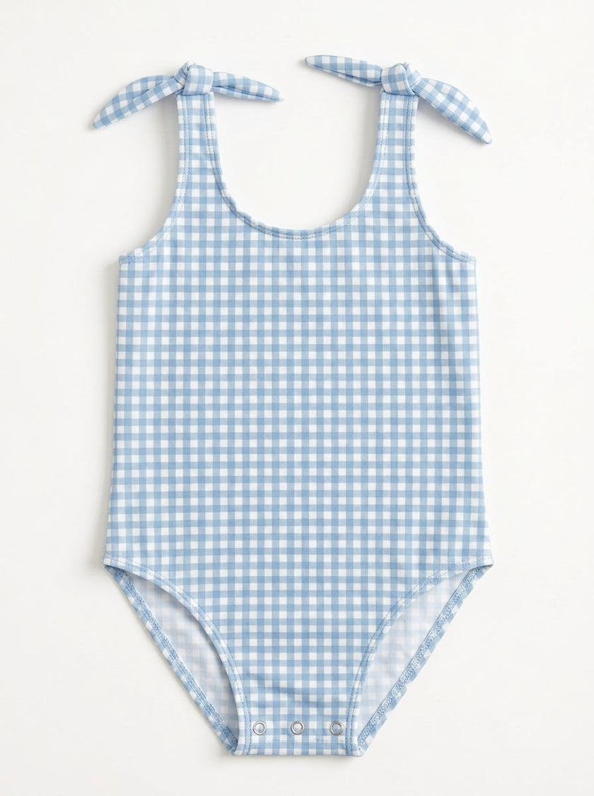 Girls Blue Checked Bow Bathingsuit