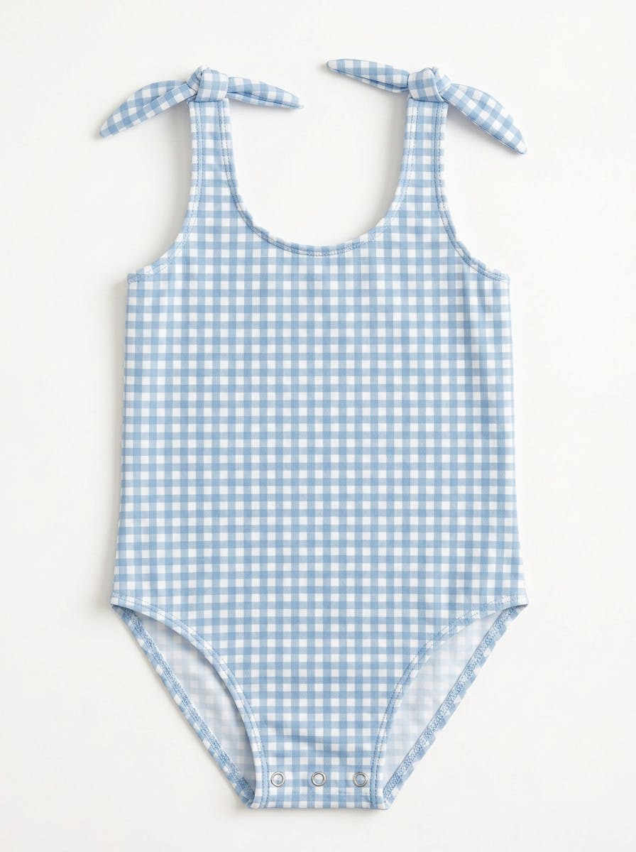Girls Blue Checked Bow Bathingsuit
