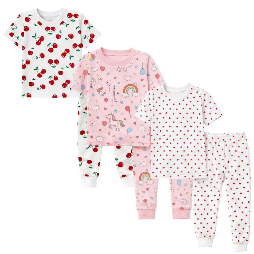 Kids and Toddlers 3 Pack Girls Rainbows/Hearts/Cherries Shorts Sleeve Snug Fitted Pajamas