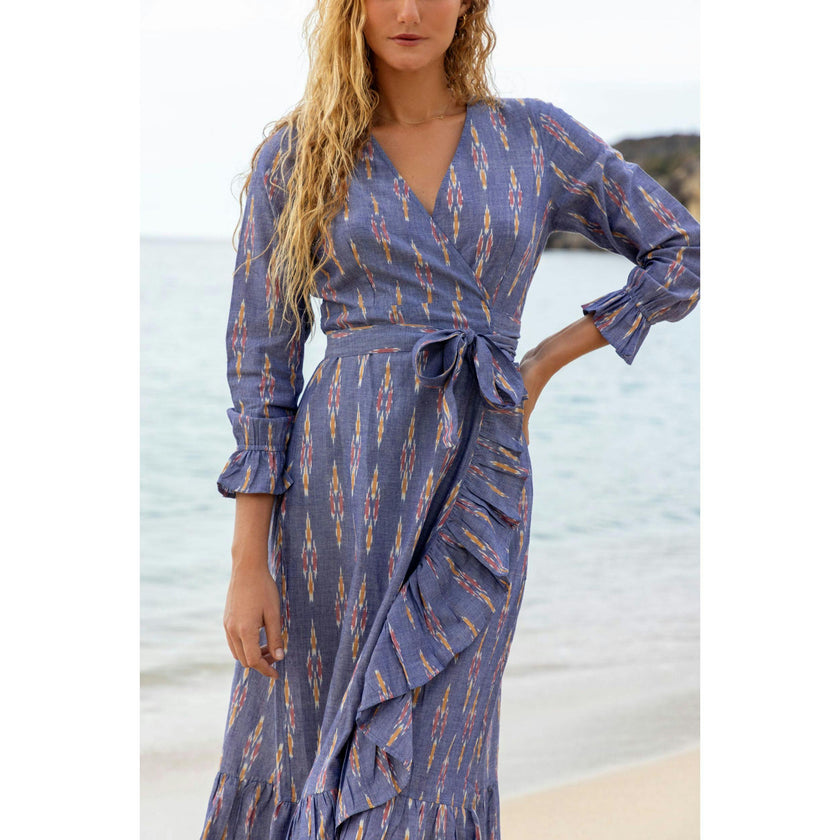 Genevieve Womens Ruffle Wrap Dress Chambray Ikat, blue