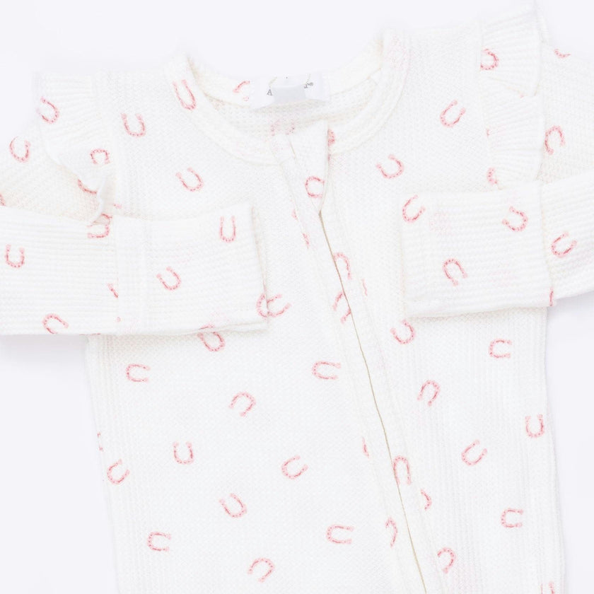 Little Horseshoes Pink - 2 Way Ruffle Sleeve Zipper Footie