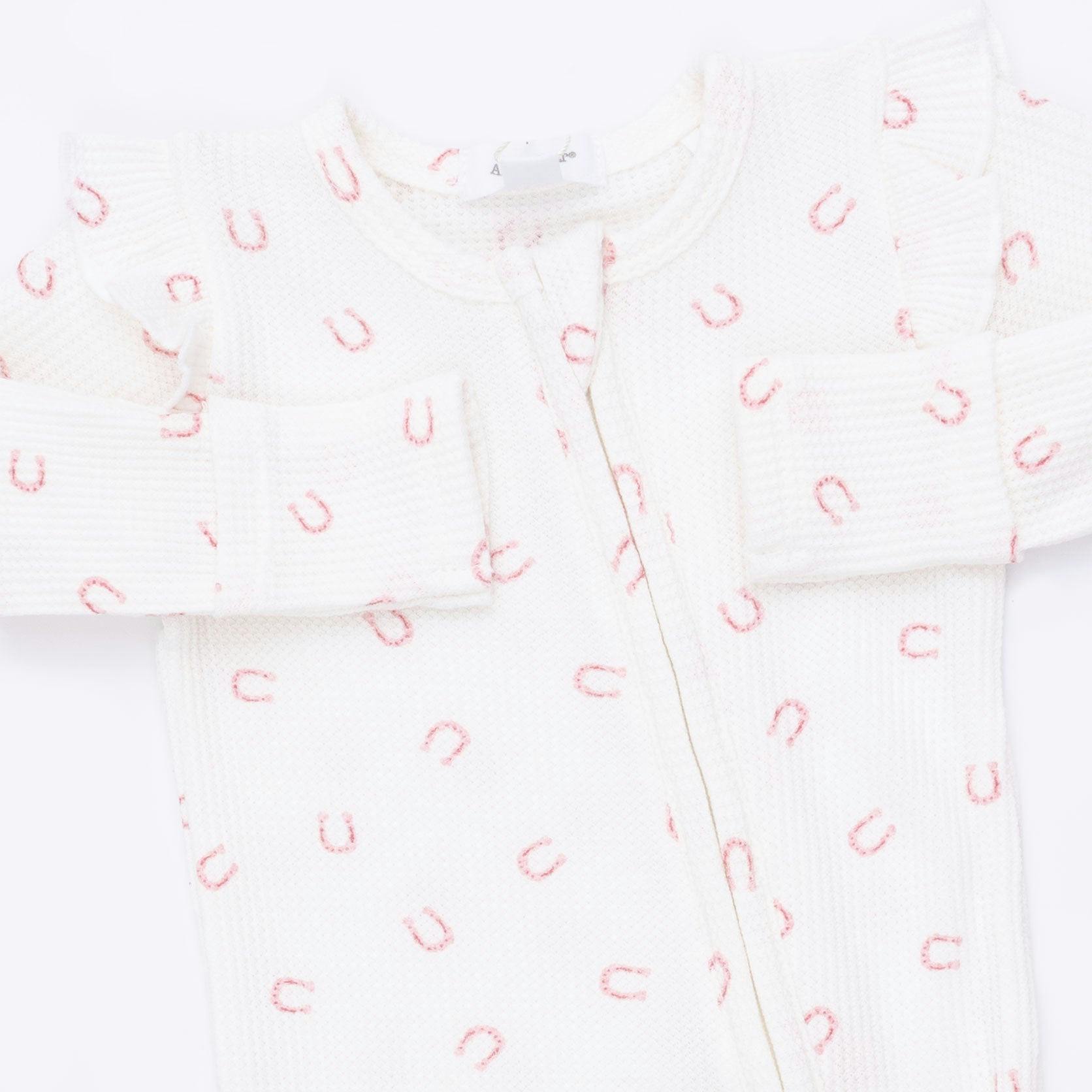 Little Horseshoes Pink - 2 Way Ruffle Sleeve Zipper Footie