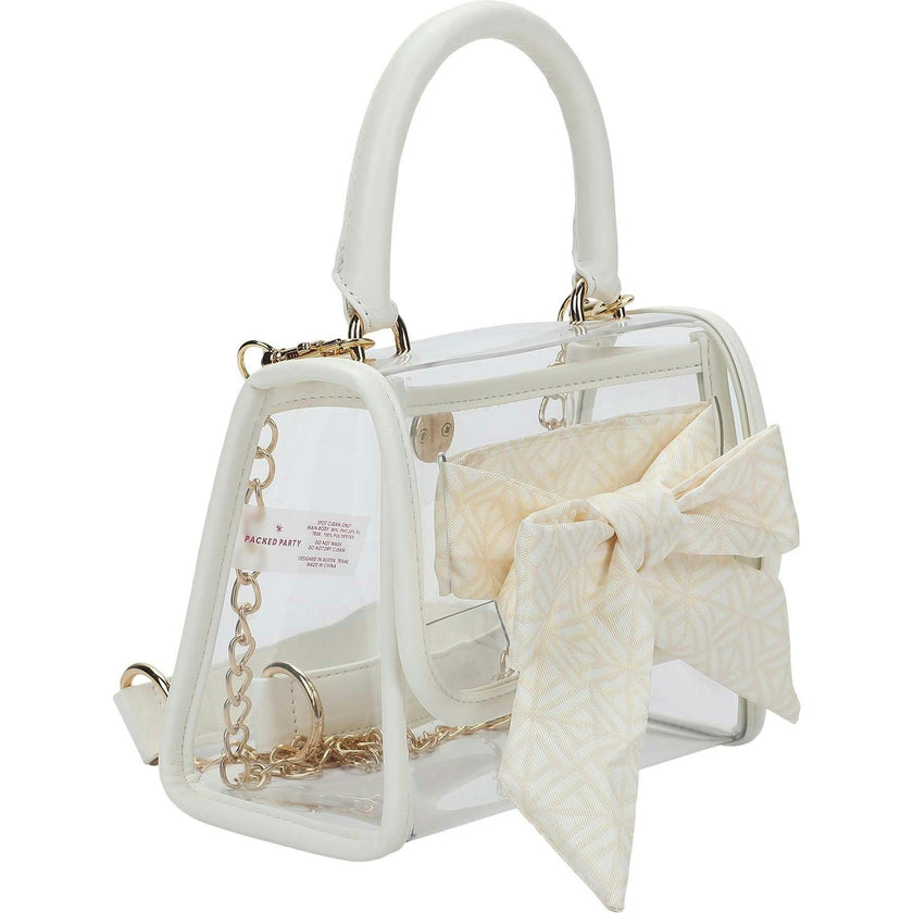 Packed Party Clear Mini Crossbody Bag - White Trim with Gold Chain Strap, Removable Satin Bow Scarf, Top Handle, 7x3.5x5 Inch