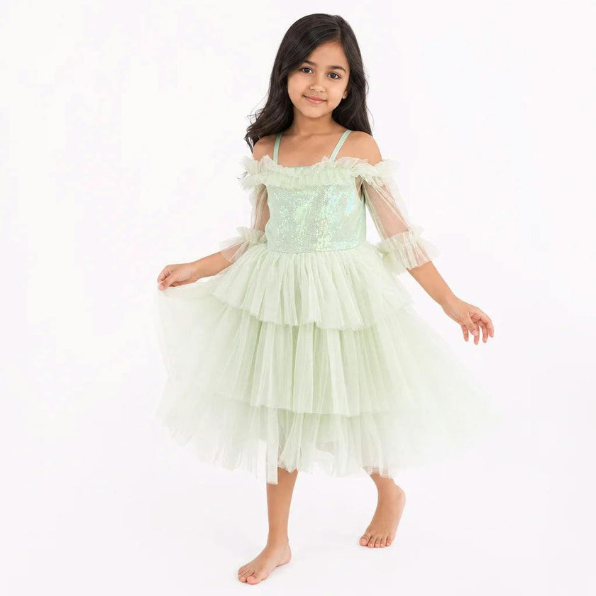 Garden Fairy Sage Green Sequin Tulle Birthday Dress for Girls