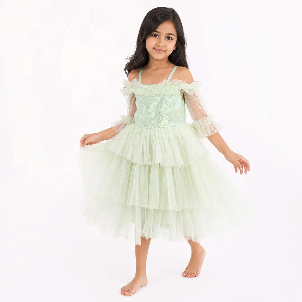 Garden Fairy Sage Green Sequin Tulle Birthday Dress for Girls