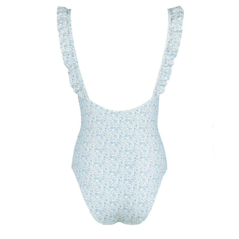 women's slate floral low back ruffle one piece