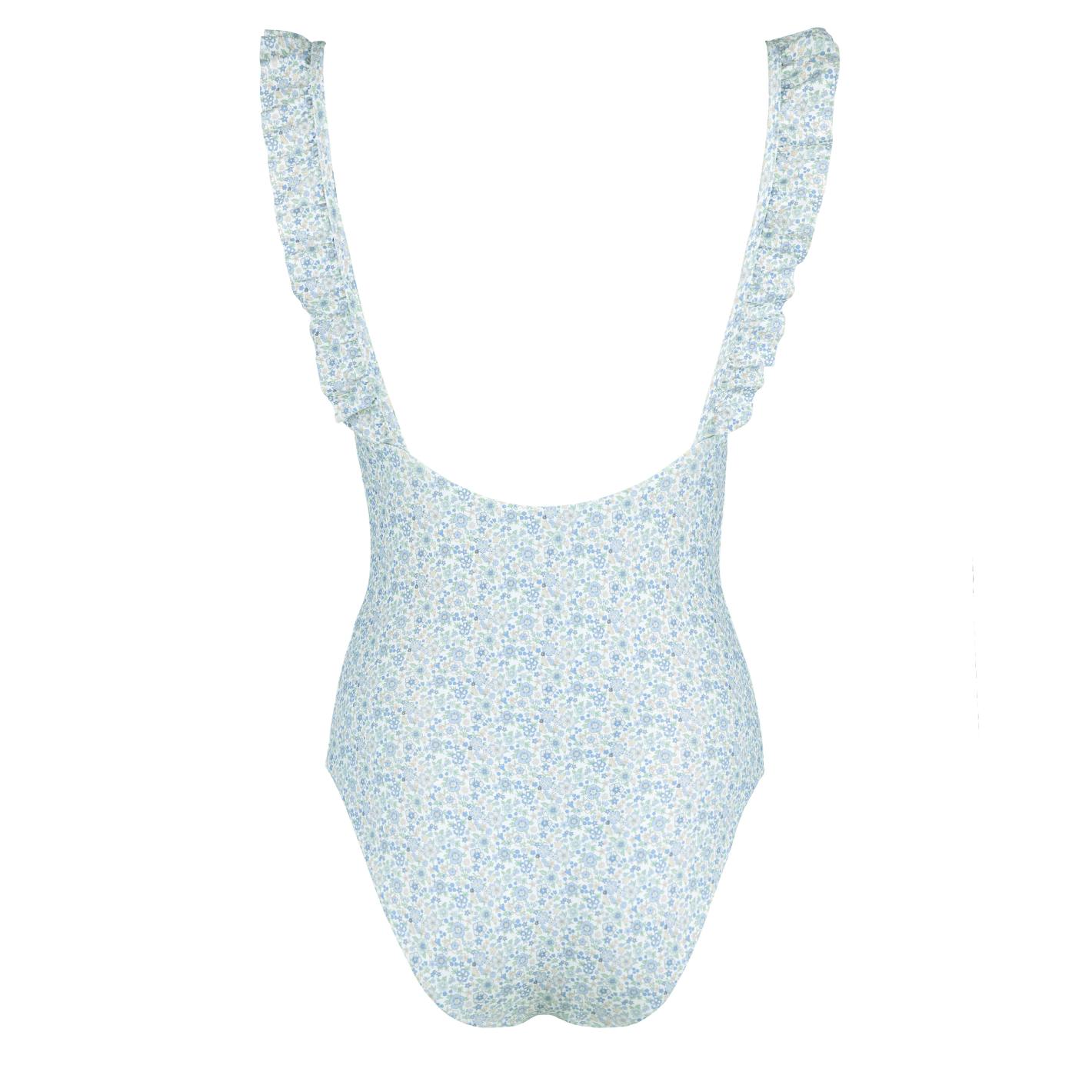 women's slate floral low back ruffle one piece
