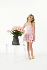 Gemma Vintage Rose Ballet Pink With Pink Lace Satin Smocked Ruffle Mini Skirt
