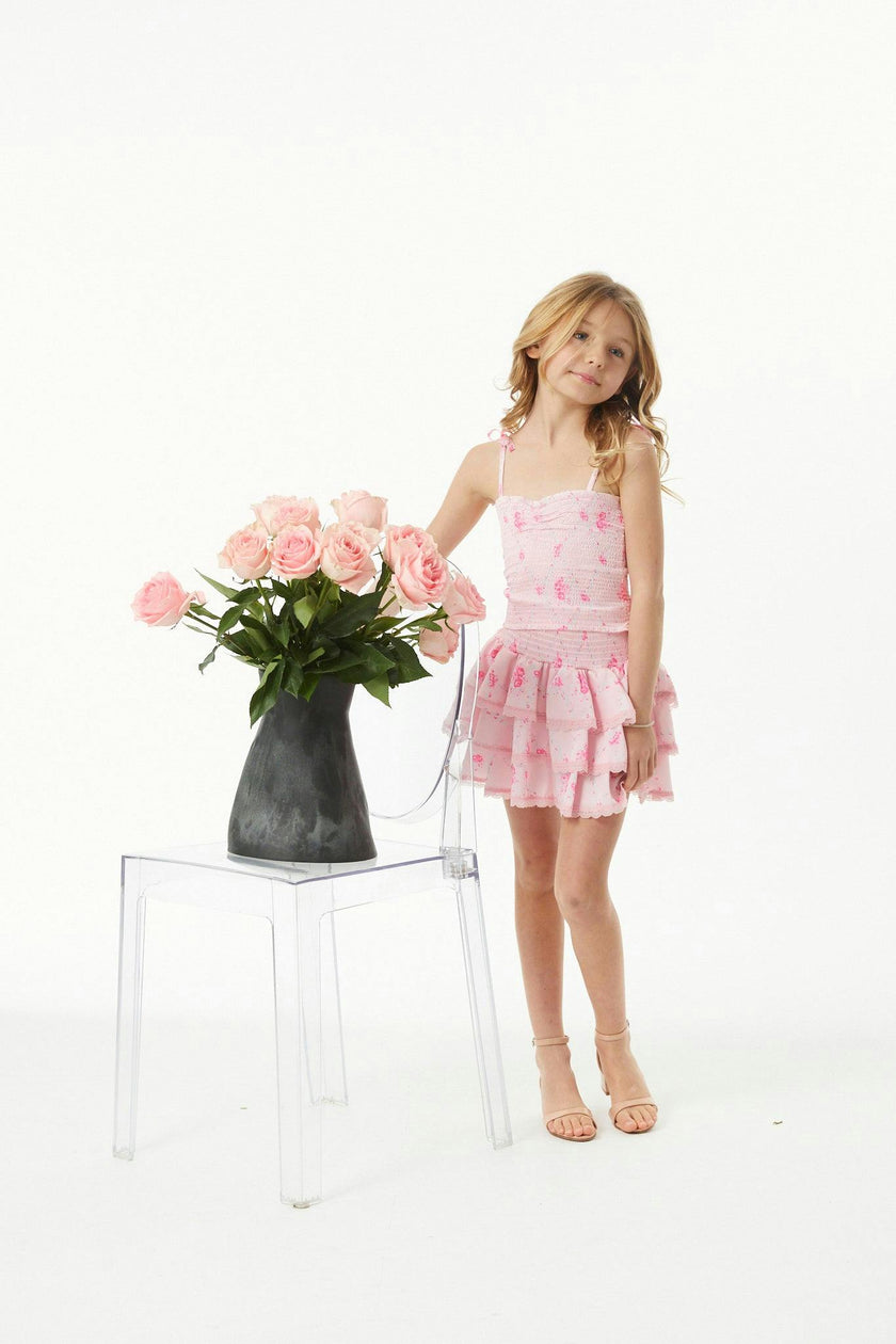 Gemma Vintage Rose Ballet Pink With Pink Lace Satin Smocked Ruffle Mini Skirt