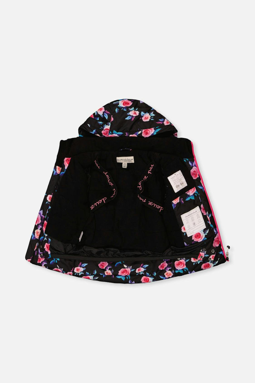 Two Piece Play Snowsuit Black Rose Print With Pink Pants