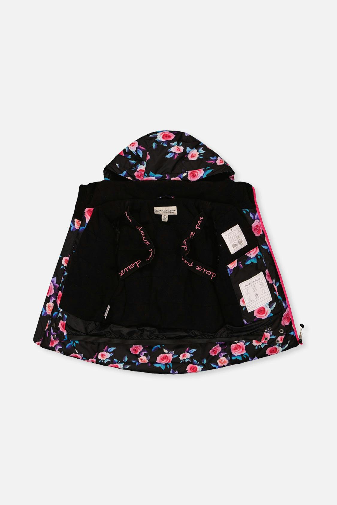 Two Piece Play Snowsuit Black Rose Print With Pink Pants