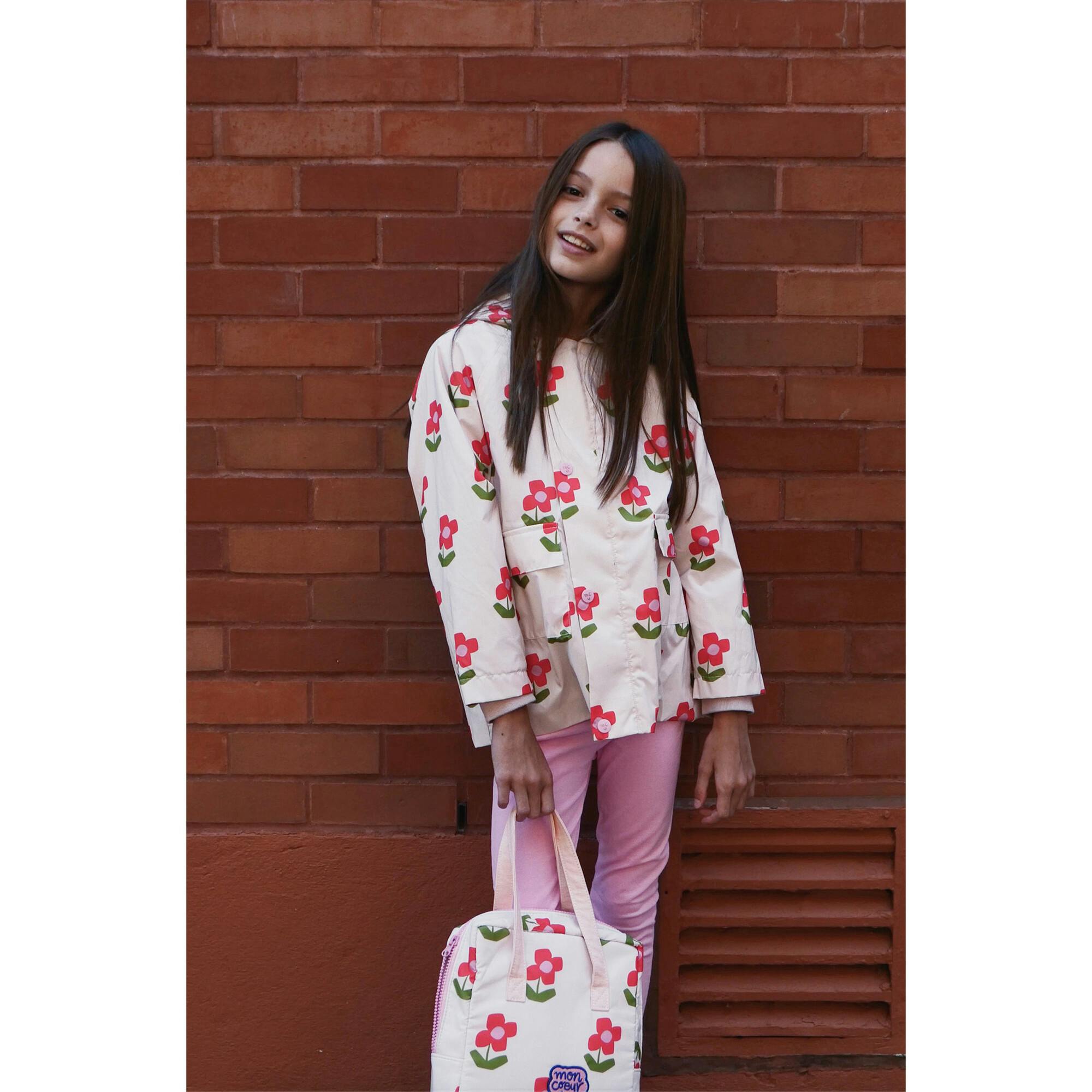 Baby Flower Print Ribbed Cuff Hooded Zipper Raincoat