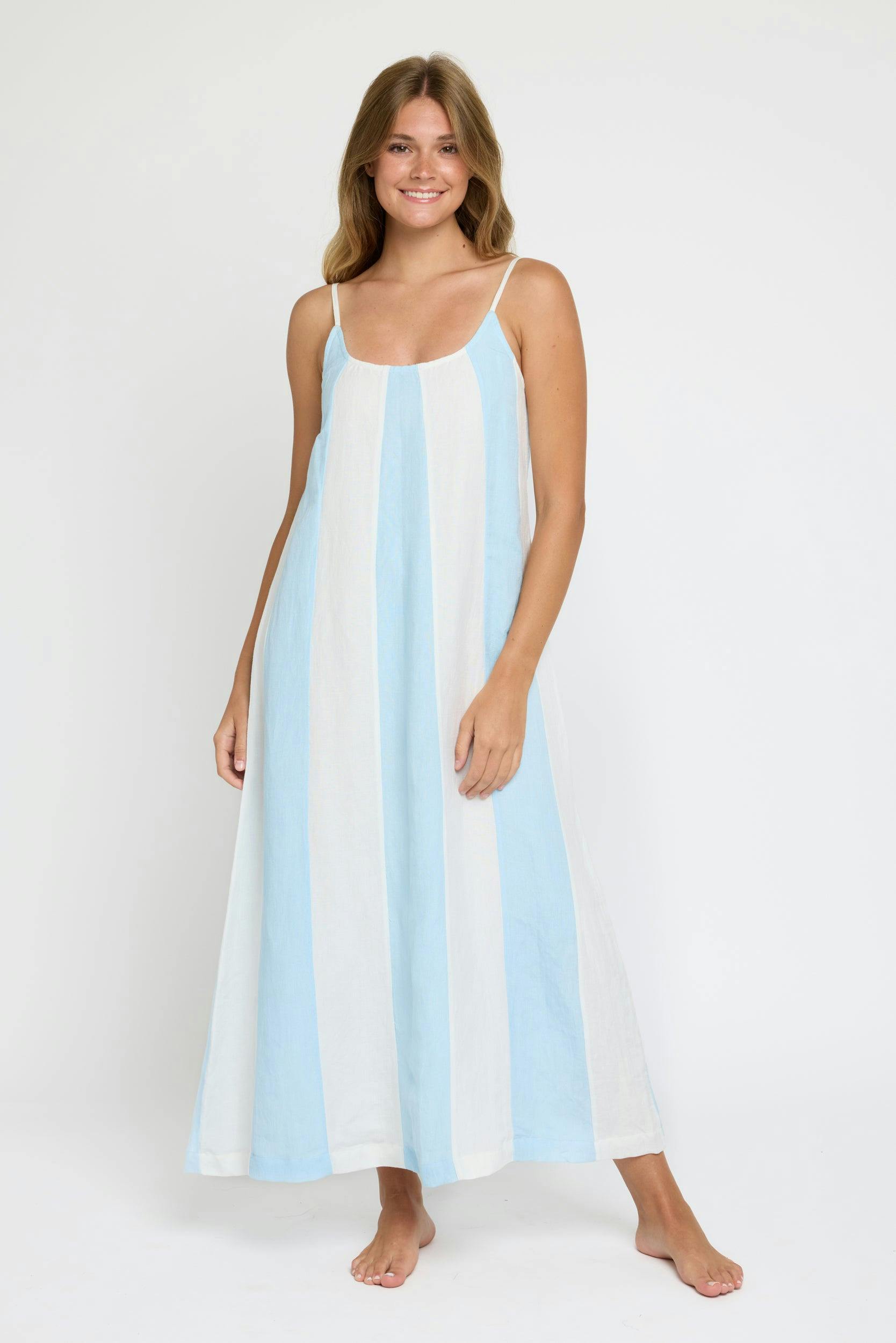 Grace Maxi Dress in White/Blue Stripe