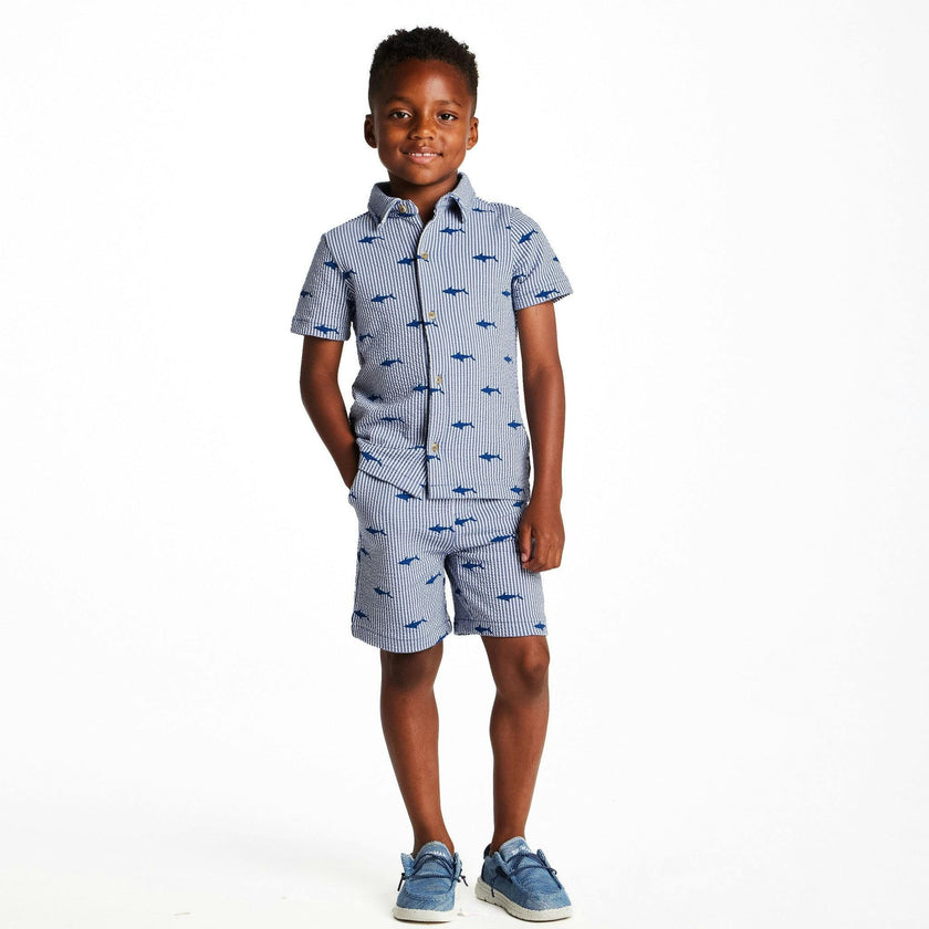 Boys Short Sleeve Cabana Set | Navy Stripe Shark