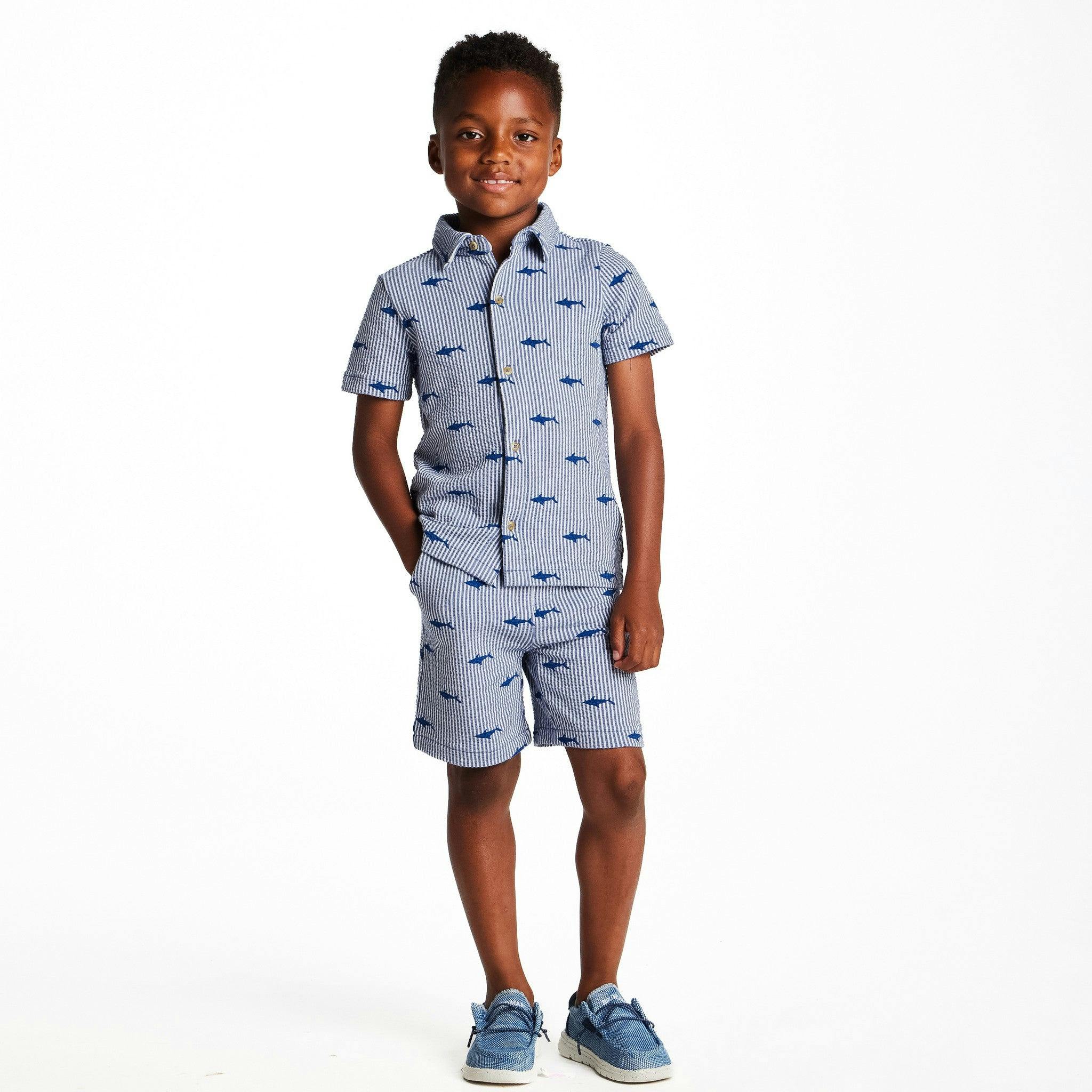 Boys Short Sleeve Cabana Set | Navy Stripe Shark