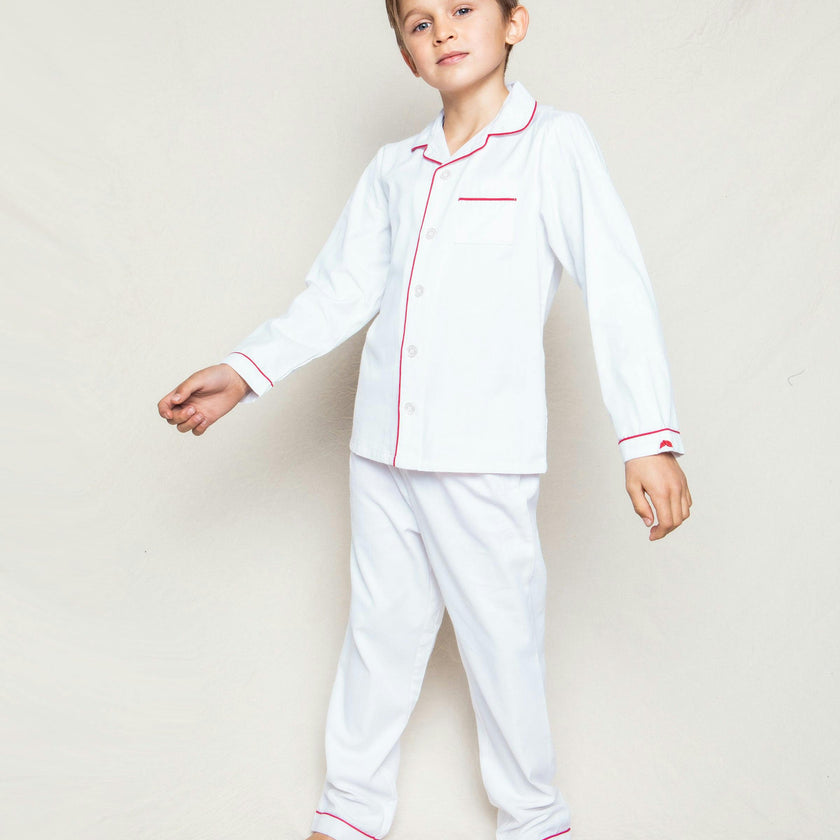 Kid's Twill Pajamas in White with Pink Piping