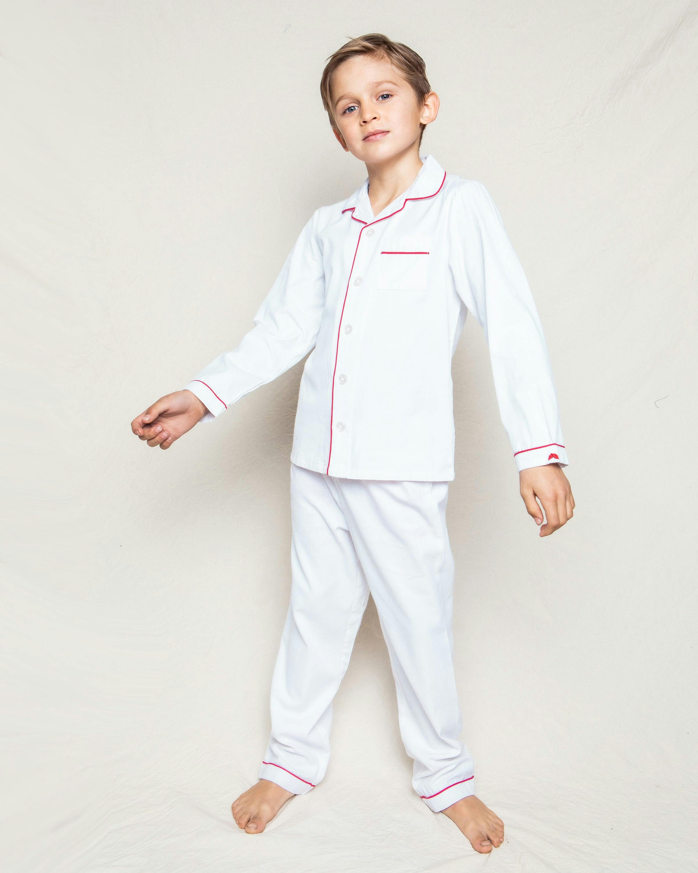 Kid's Twill Pajamas in White with Pink Piping