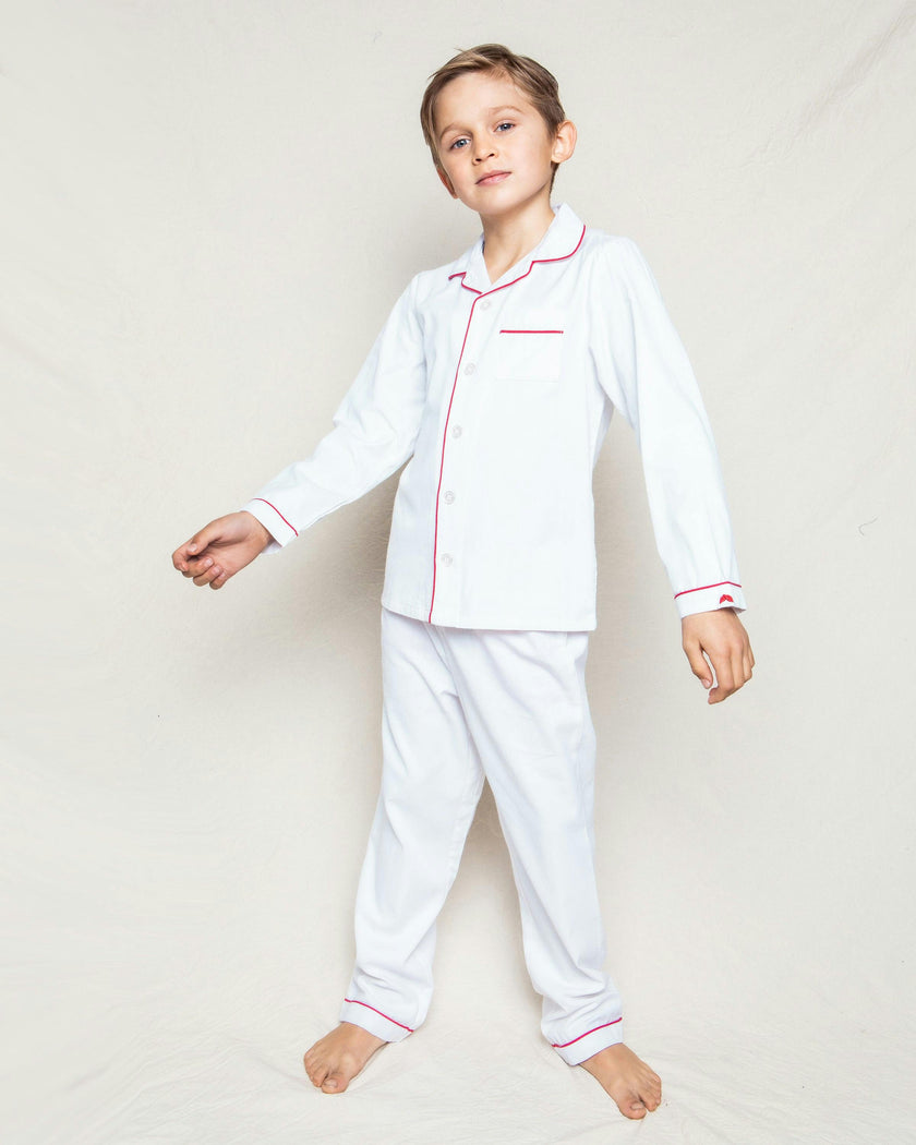 Kid's Twill Pajamas in White with Red Piping