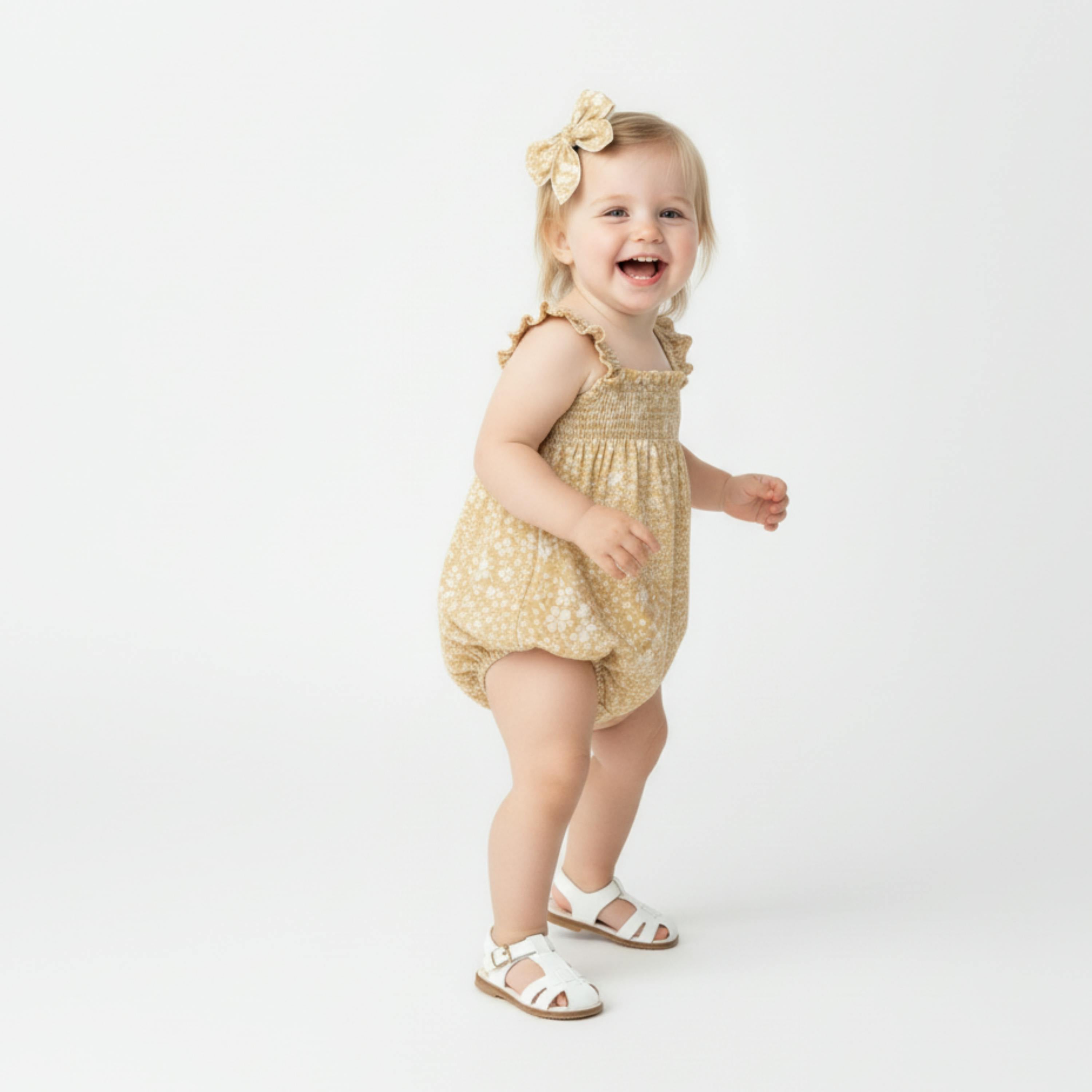Organic Ruffle Sleeve Bubble Romper - Yellow Blossom