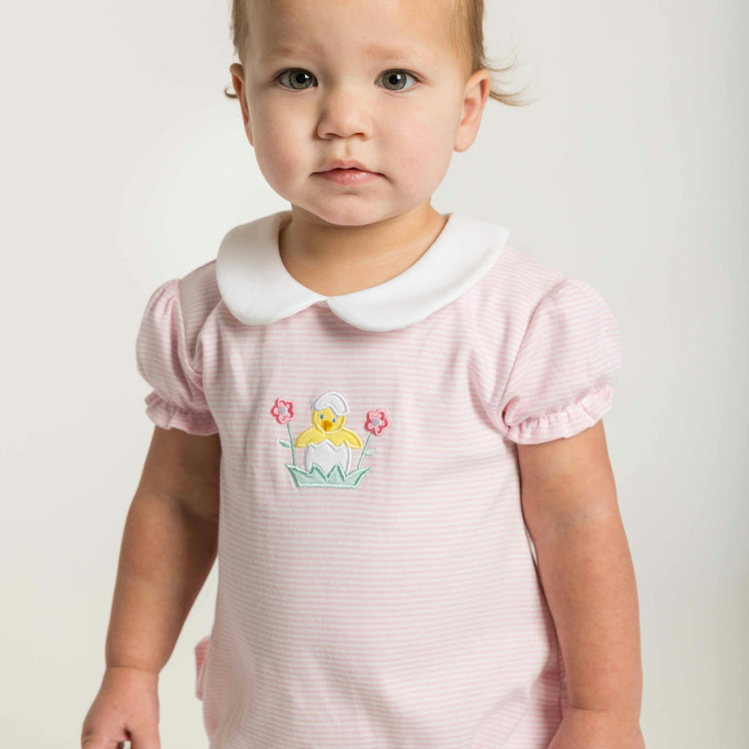 Stripe Knit Romper With Flowers & Chick