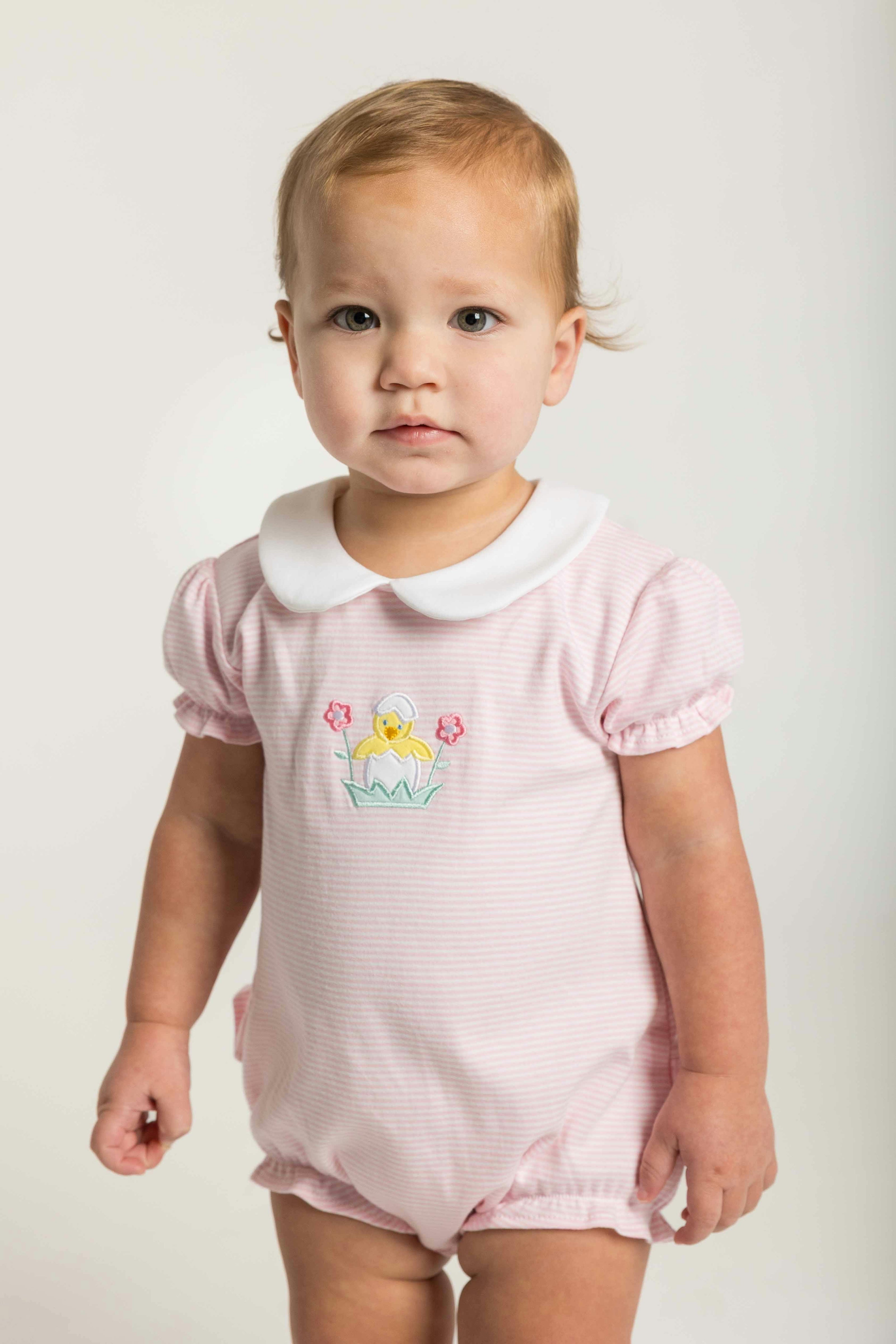 Stripe Knit Romper With Flowers & Chick