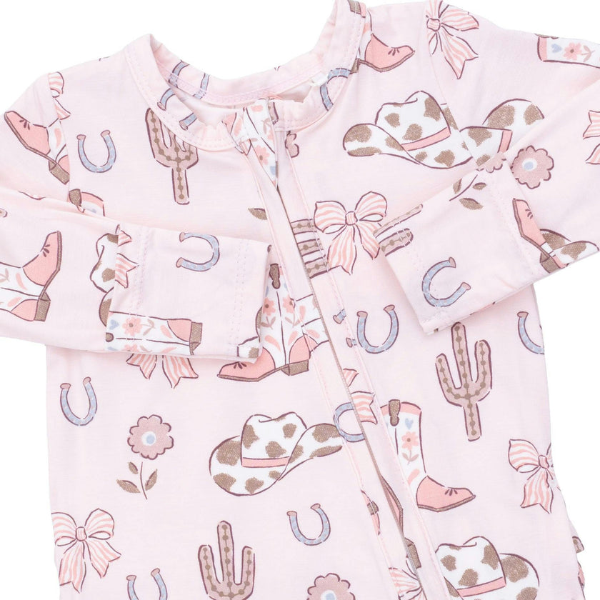Cowgirl Boots and Bows - 2 Way Ruffle Back Zipper Footie