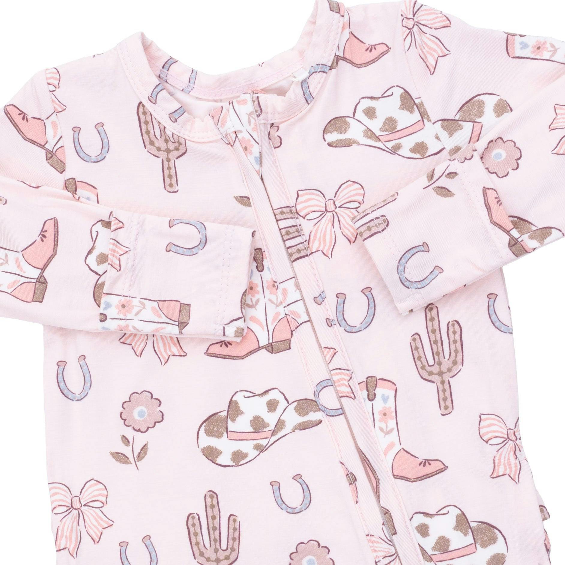 Cowgirl Boots and Bows - 2 Way Ruffle Back Zipper Footie