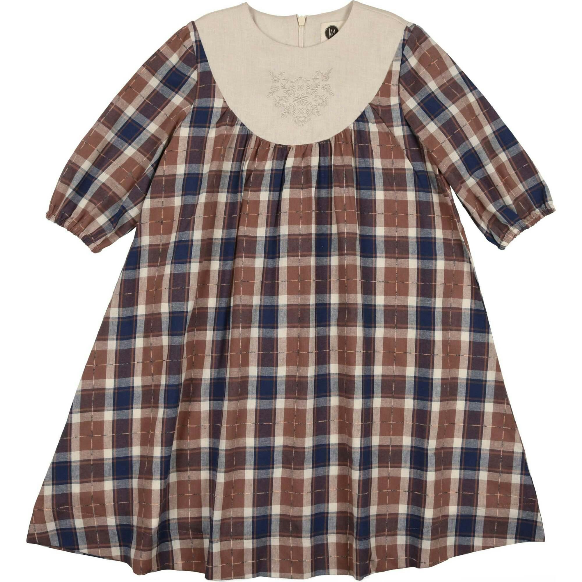 Embroidered Windowpane Long Sleeve Dress