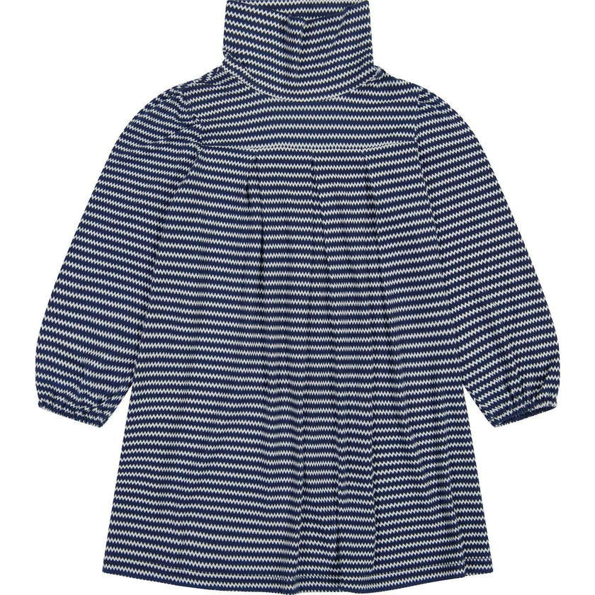 Suzy Zigzag Box Pleat Pull Over Turtleneck Dress, Navy