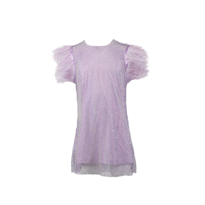 Crystal Feather Trim Sleeve Shimmer Sequin Dress