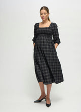 Plaid Smocked Ruffle Sleeve Maternity Midi Dress