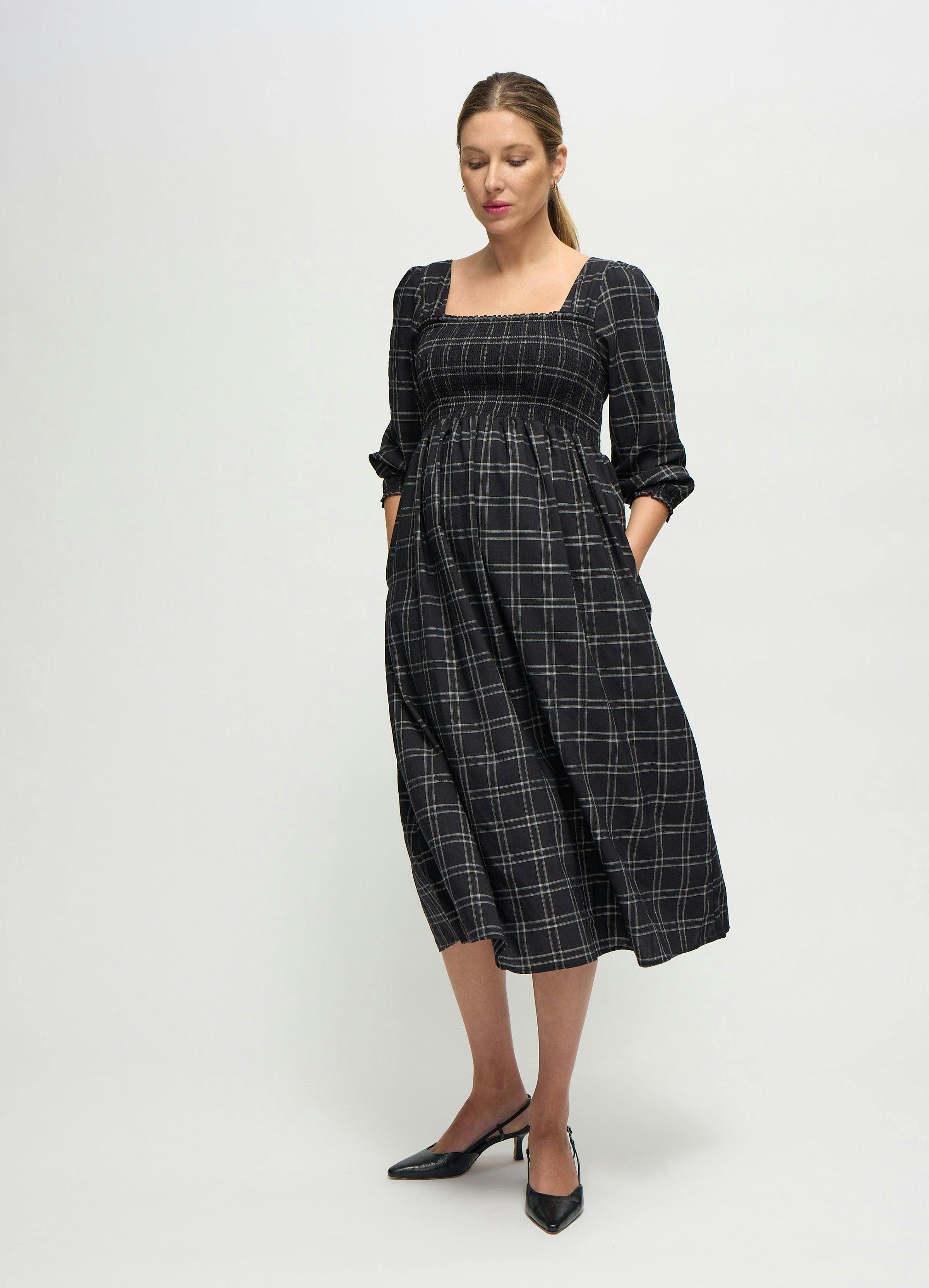 Plaid Smocked Ruffle Sleeve Maternity Midi Dress