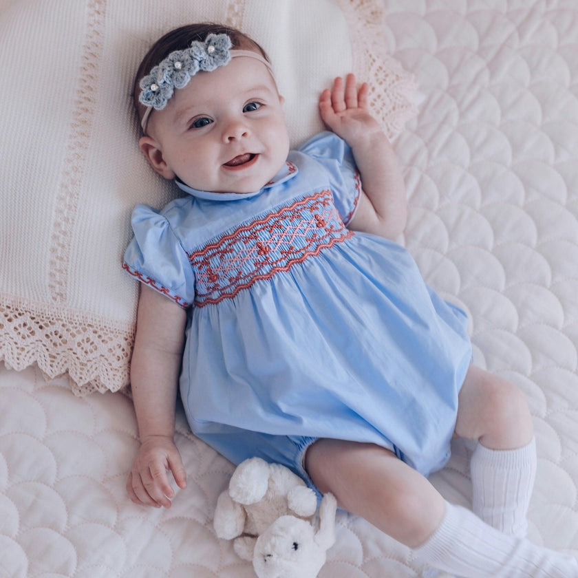 Princess Charlotte Sky Blue Smocked Baby Romper