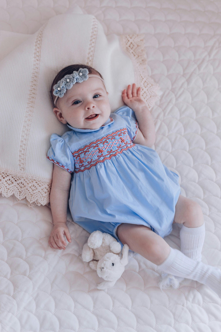 Princess Charlotte Sky Blue Smocked Baby Romper
