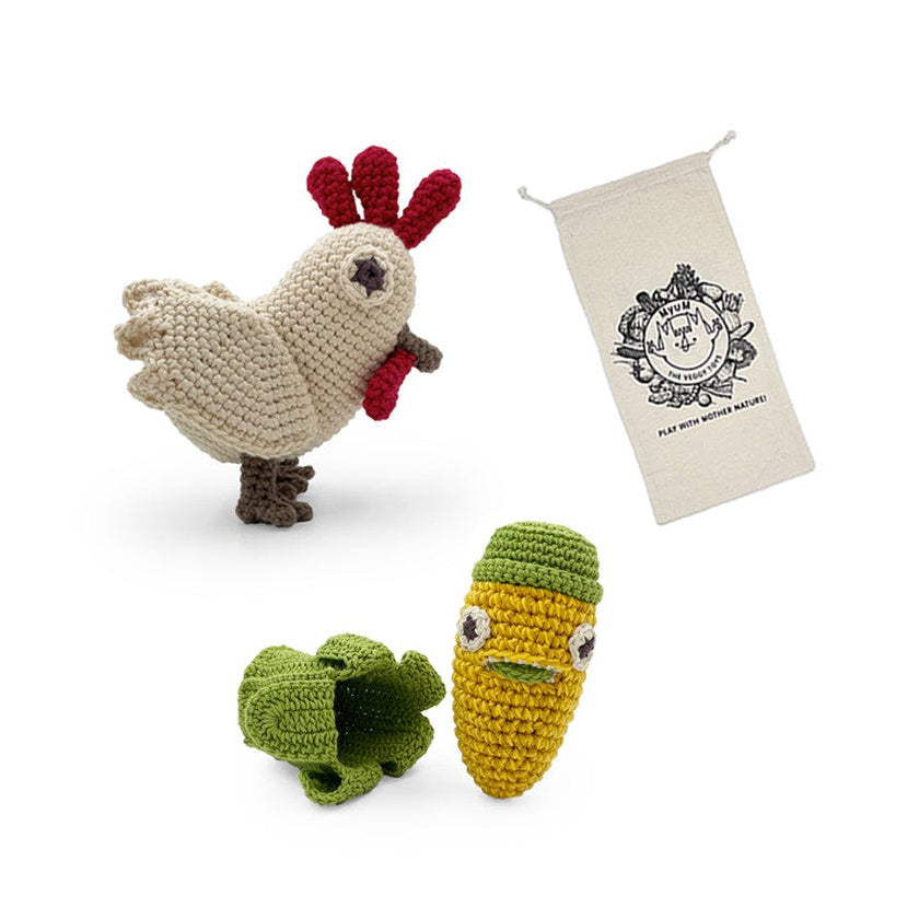 Chicken & Corn Rattle Gift Box 🌽👀🐓 100% organic cotton crochet rattles