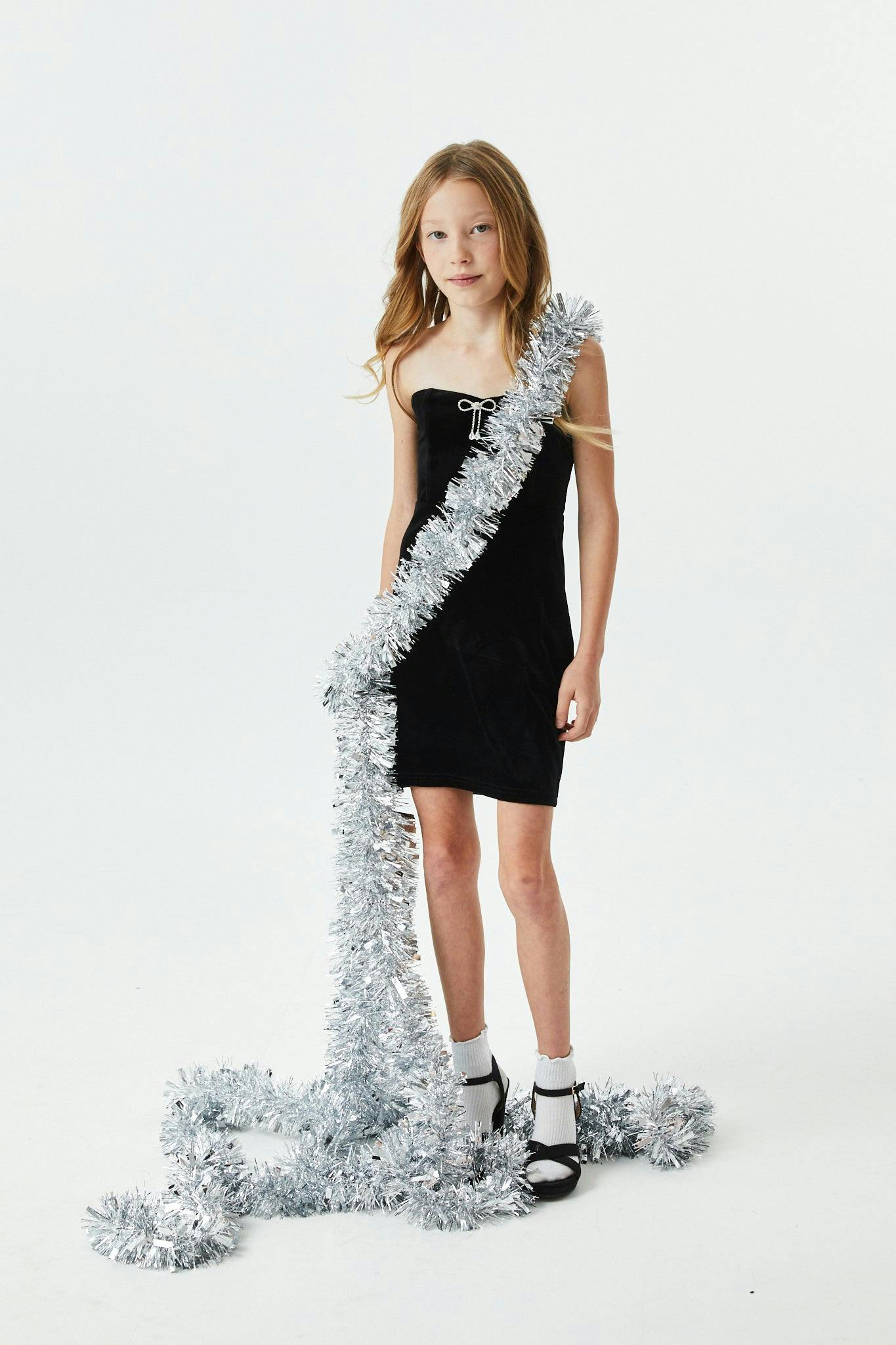 Ella Black Velour Diamond Bow Dress