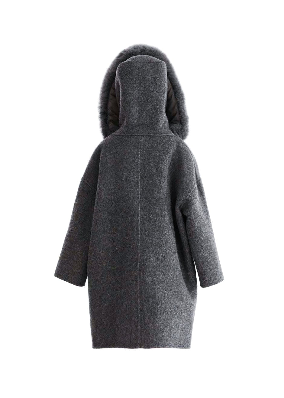Gray Wool Coat with Faux Fur Hood