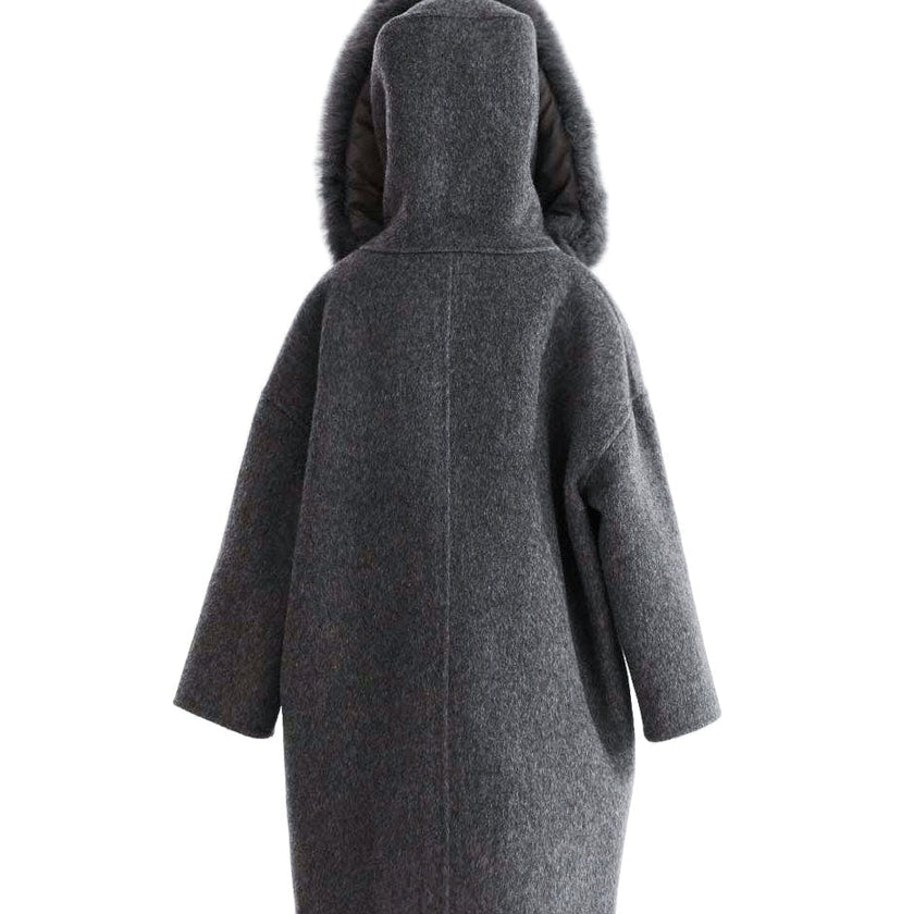 Gray Wool Coat with Faux Fur Hood
