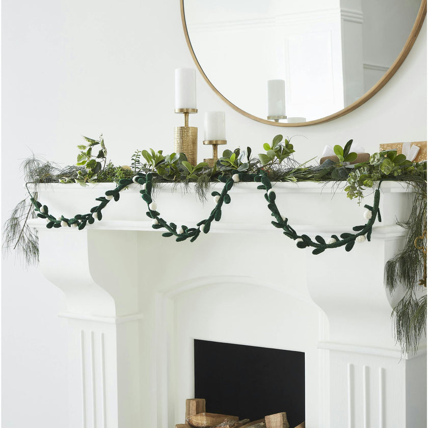 Handmade Christmas Garland and Bunting - Cream Velvet Balls and Felt Mistletoe - 6'
