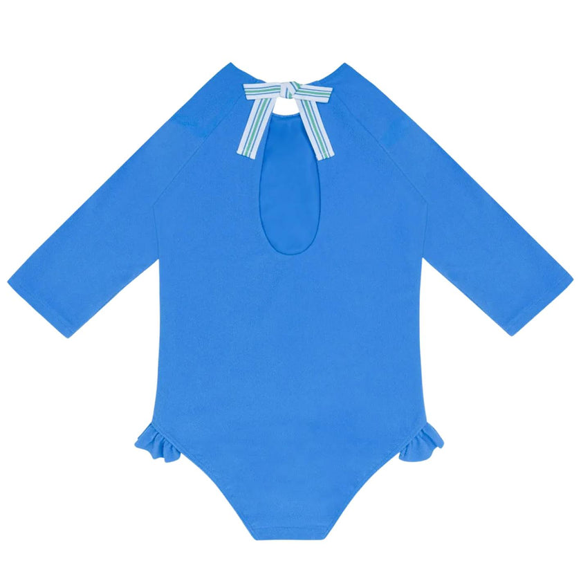 girls deep sea blue terry quarter sleeve rashguard one piece