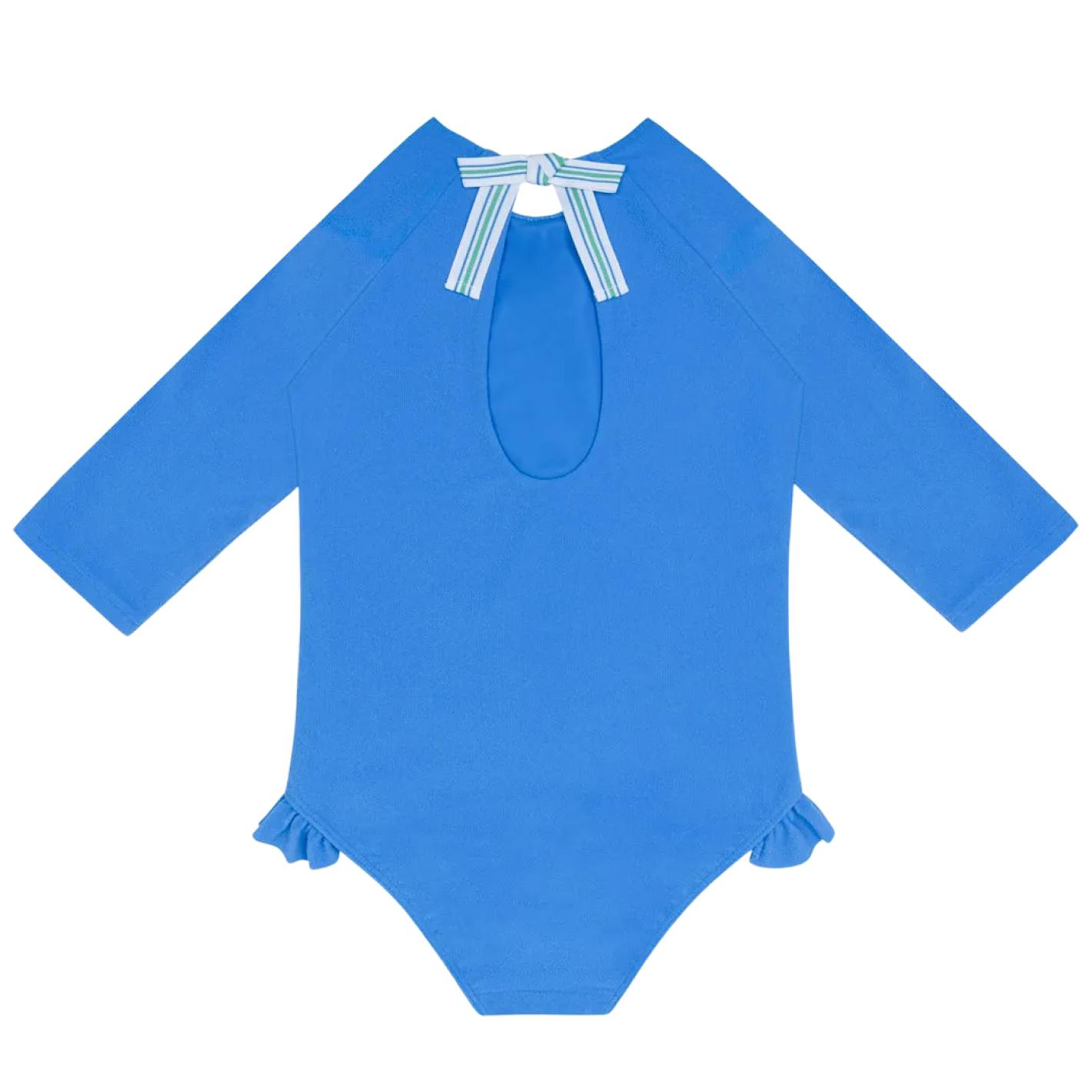 girls deep sea blue terry quarter sleeve rashguard one piece
