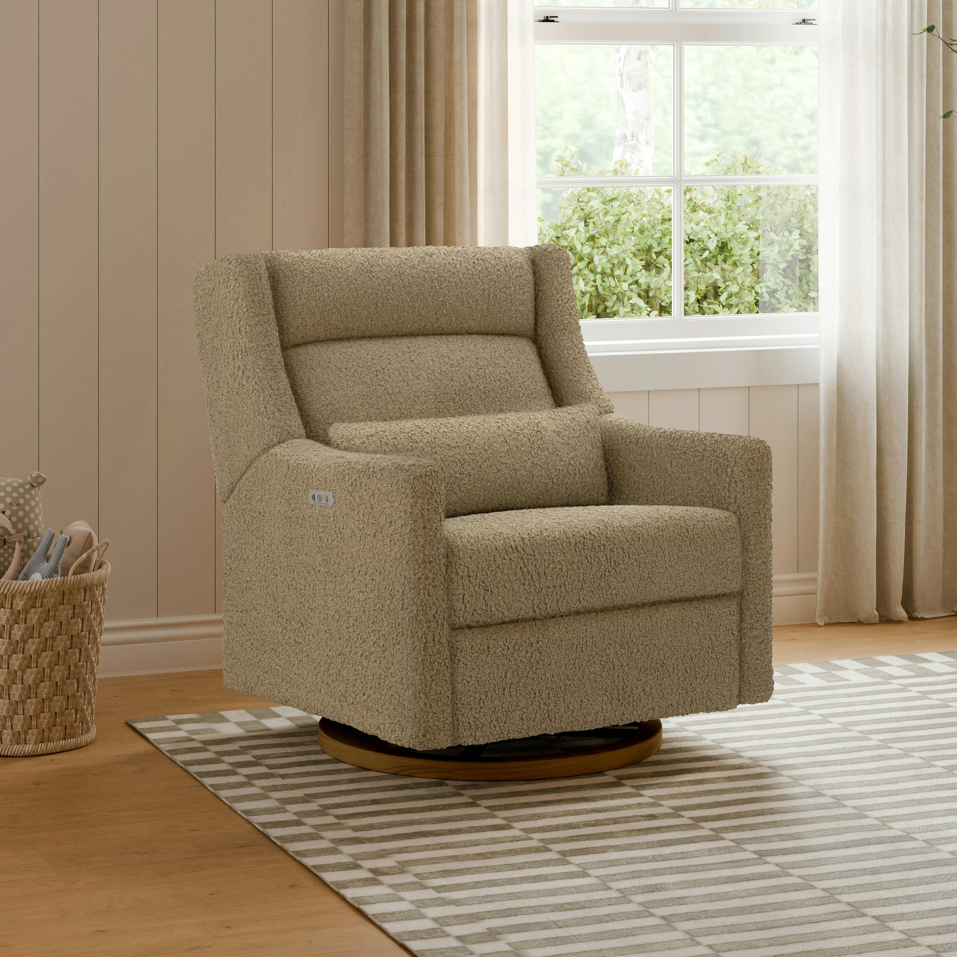 Kiwi Plus Chair and a Half Power Glider Recliner in Latte Teddy Loop w/ Dark Wood Base
