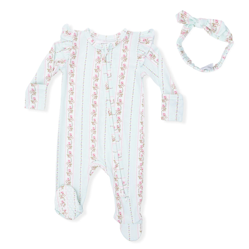 Antoinette Stripe - 2 Way Ruffle Sleeve Zipper Footie & Headband Set