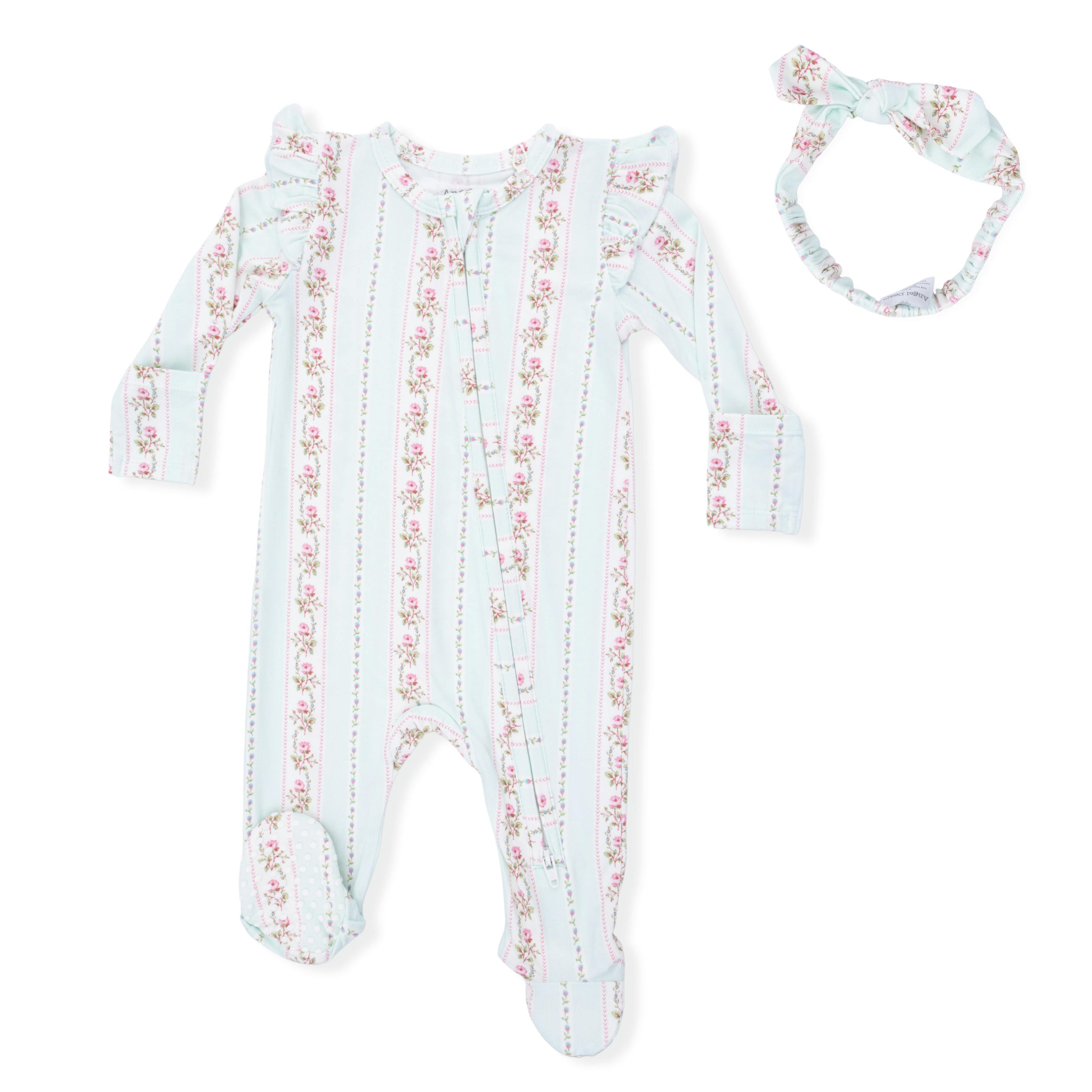 Antoinette Stripe - 2 Way Ruffle Sleeve Zipper Footie & Headband Set