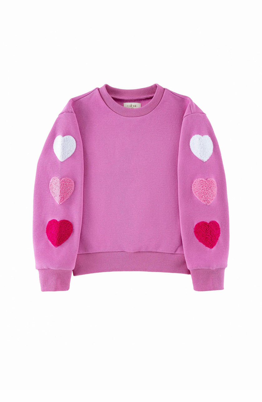 Brushed Fleece Patch Pullover Sweatshirt, Pink Hearts
