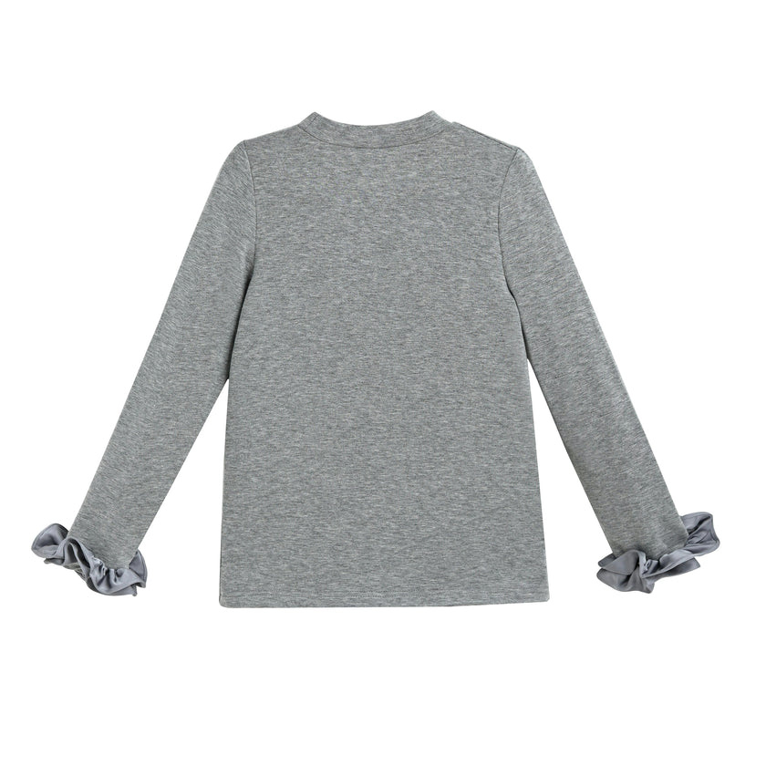 Heather Gray Top with Satin Ruffle Cuffs