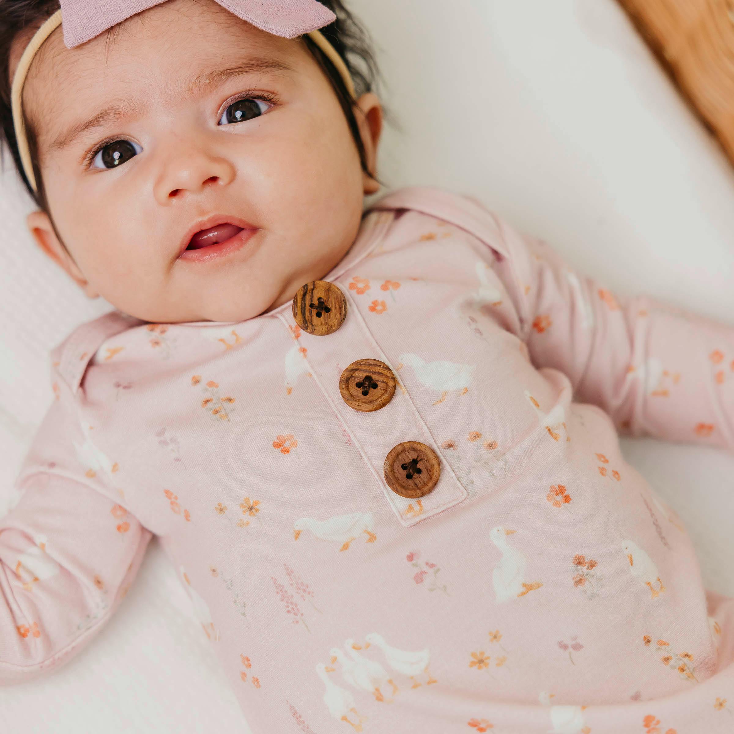 Newborn Wood Button Knotted Gown - Gigi
