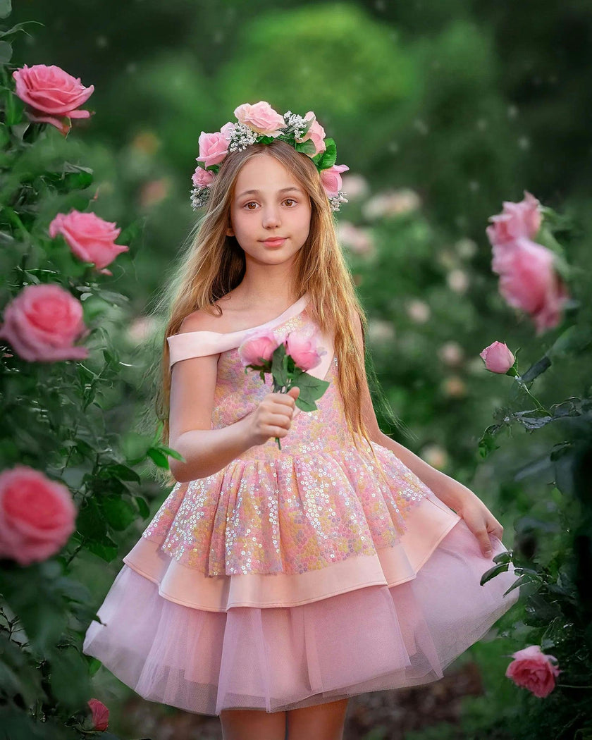 Rosy Bloom Off-Shoulder Sequin Birthday Dress for Girls