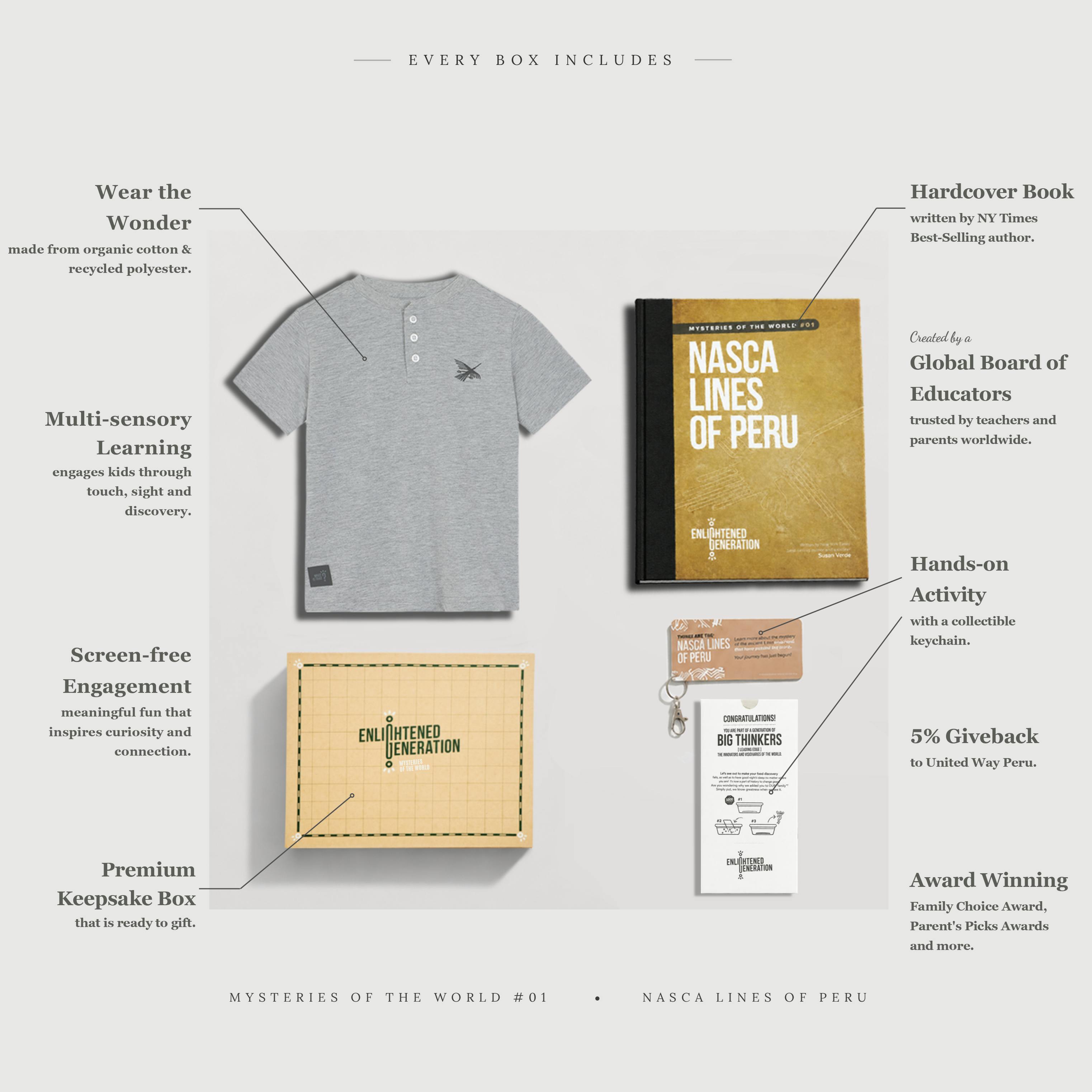 Nasca Ancient Wonders Gift Box with Embroidered Condor Kids Henley, Book, and Activities