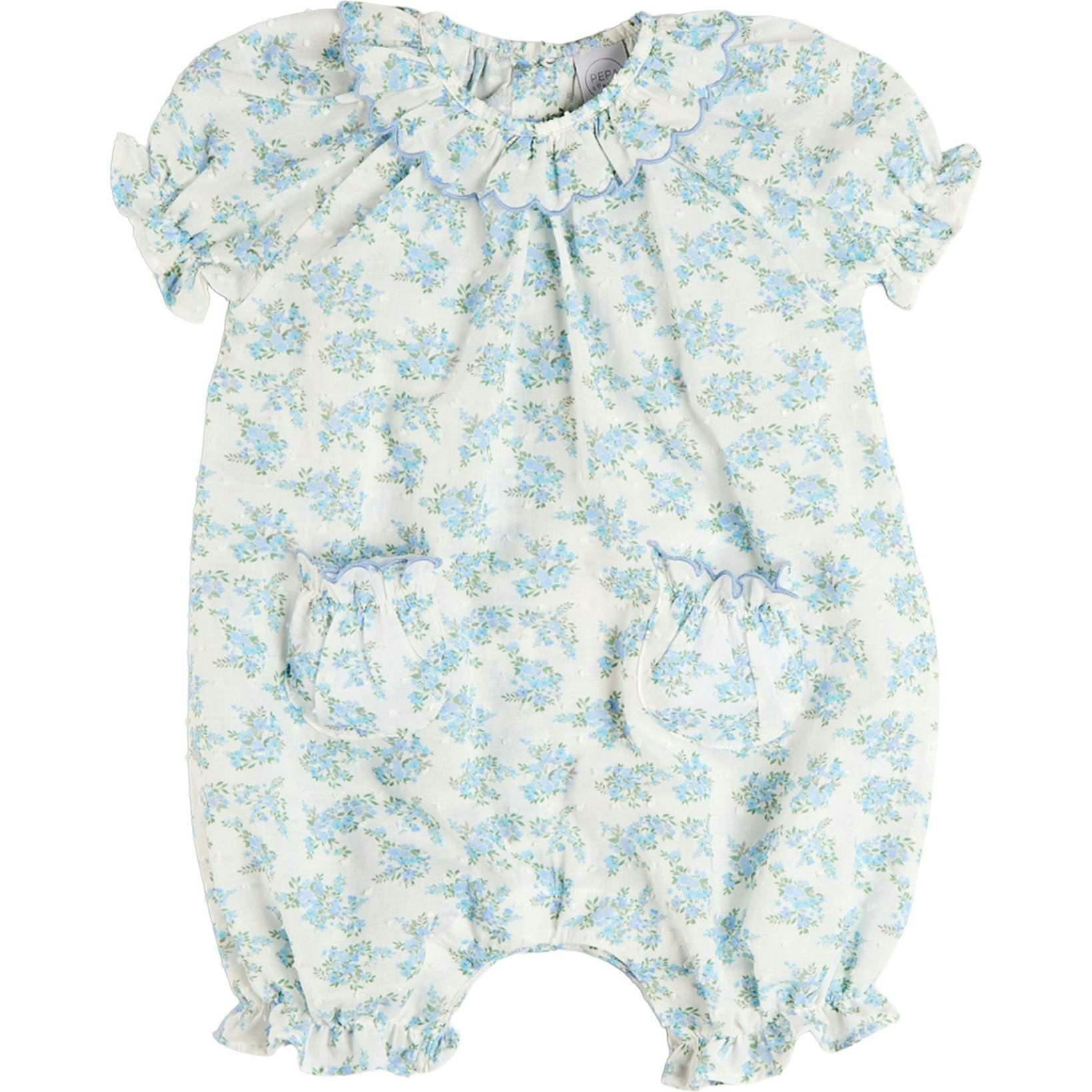 Esme Floral Swiss Voile Scallop Detail All-In-One Pyjamas in Blue (9mths-2yrs)